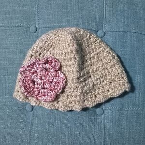 Handmade Crochet Womens Beanie with Pink Flower
